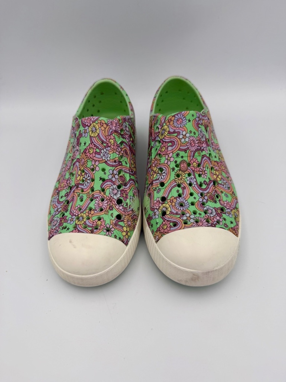 Native Shoes Kids Slip-On Sneakers in Green Floral Print with Pink Accents